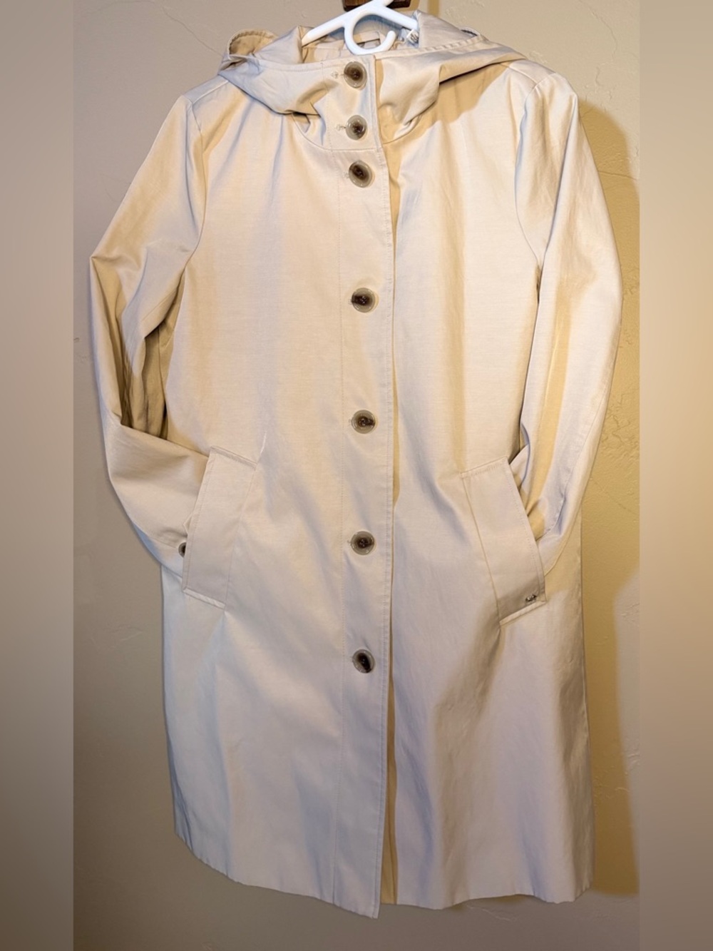 Light Cream Hooded Women's trench coat - Classic Button-Front